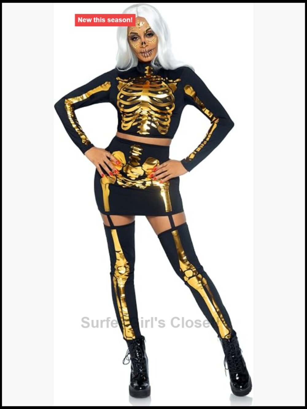 2 Piece Holographic Skeleton Costume Set Long Sleeve Crop Top Skirt